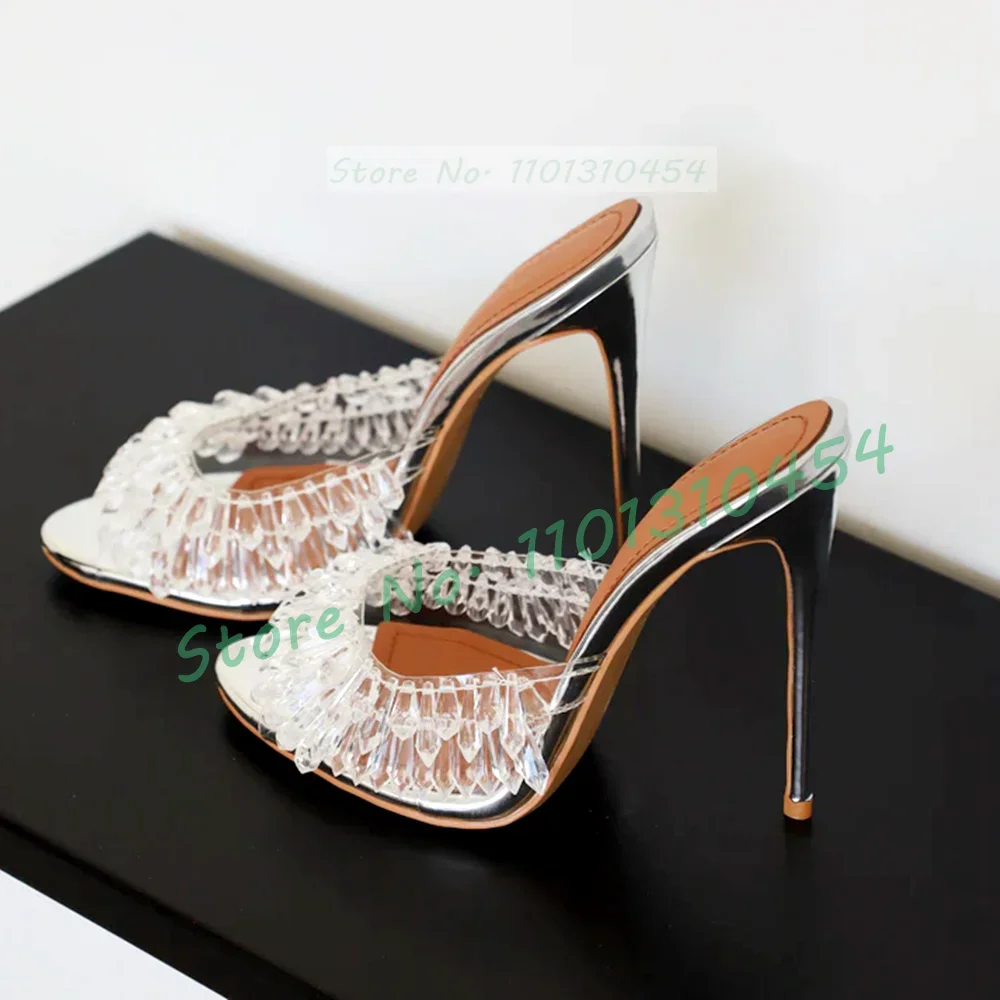 

Clear Drop Crystal Open Toe Mules Women Sparkling Silver Mirrored High Heels Elegant Shoes Ladies Beaded Decor Solid Slippers