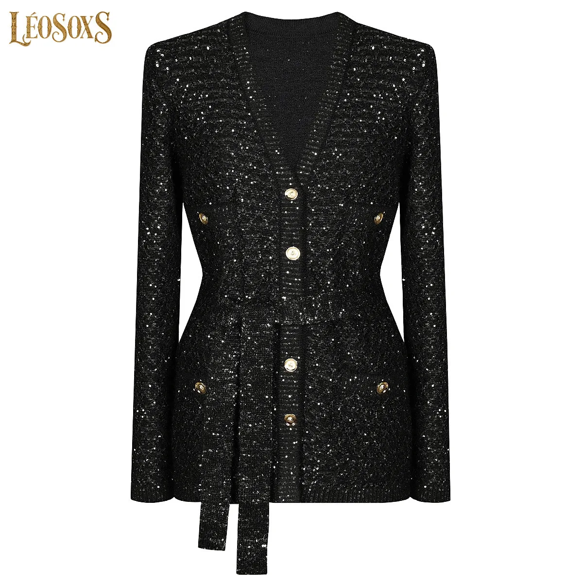 LEOSOXSSpring And Autumn New Fashionable High Quality Glitter Belt Knitted Long Sleeve VNeck Single Breasted Cardigan Top Coat