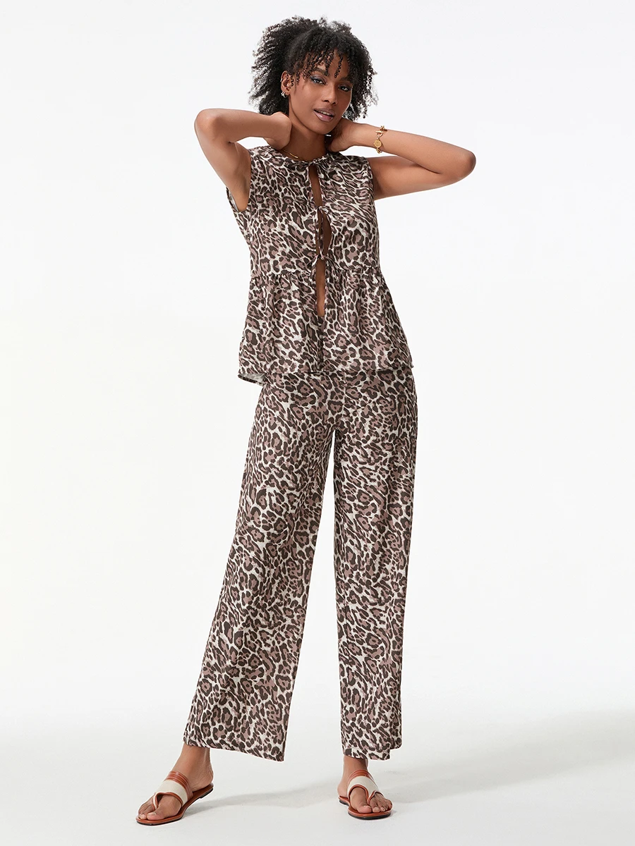 Women 2-Piece Leopard Set V-Neck Bow Lacing Loose Flowy Hem Tank Tops Wide Leg Long Pants Outfits