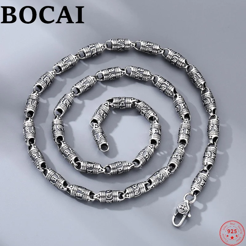 

BOCAI Genuine S925 Sterling Silver Necklace for Women Men New Fashion Vintage The Six Syllable Mantra Cask-shaped Bamboo-chain