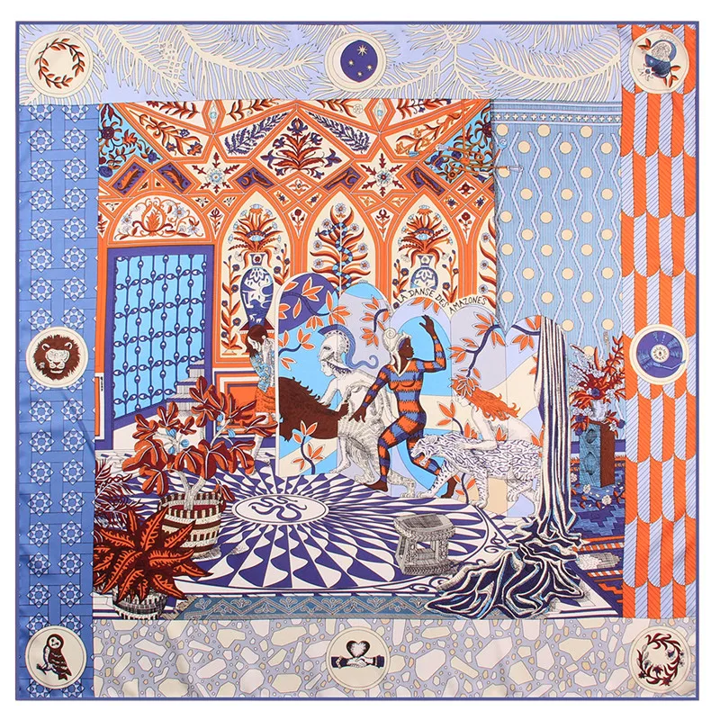 90cm Luxury Square Scarf Women Twill Silk Rolled Palace Printed Hem Hijabs Foulard Shawl Brand Design Head Scarves Ladies