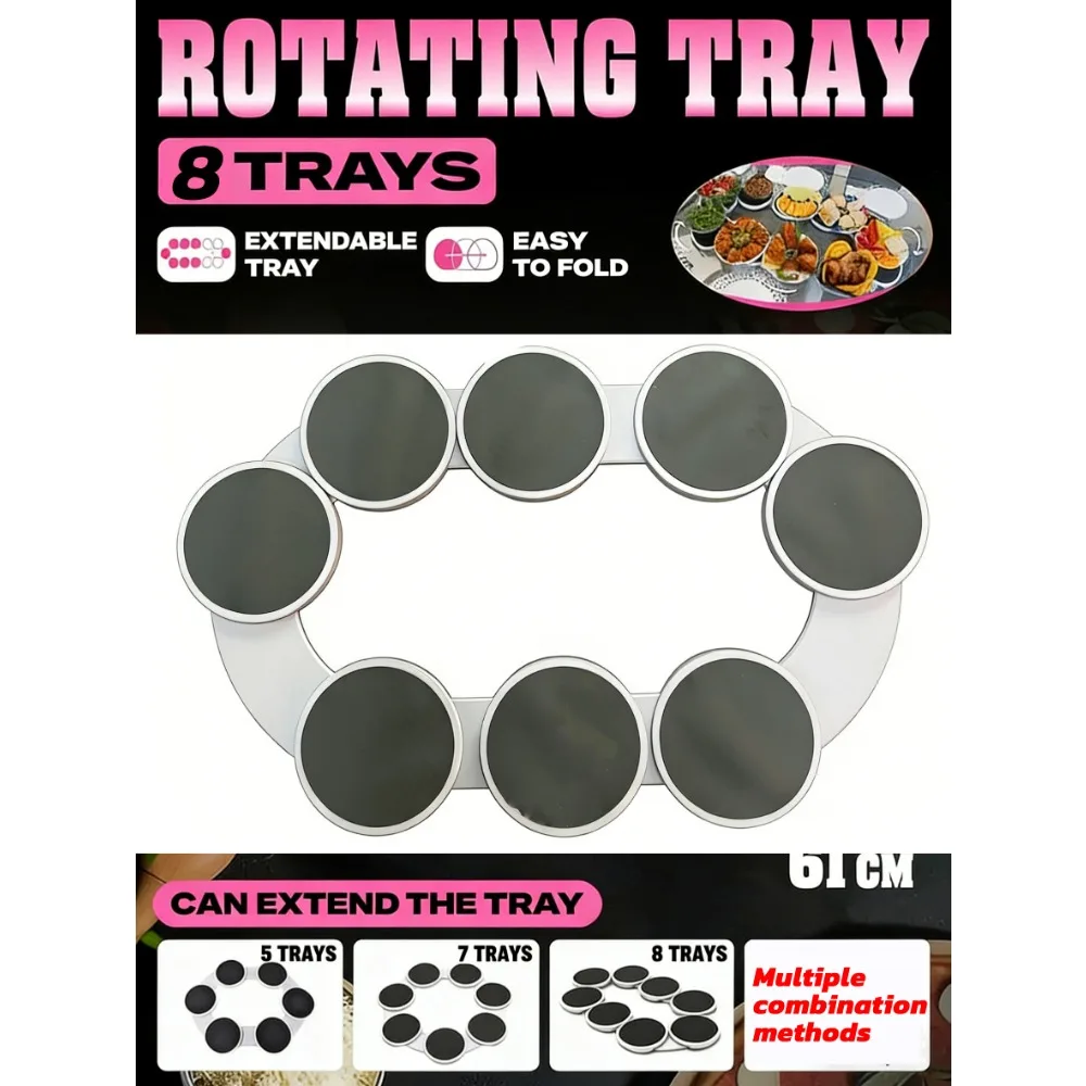 

8 rotating trays on the table. Rotating stand. The turntable can be extended and is suitable for rectangular tables