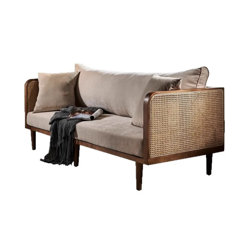 

Comfortable walnut solid wood rattan sofa combination homestay leisure wind living room small apartment single