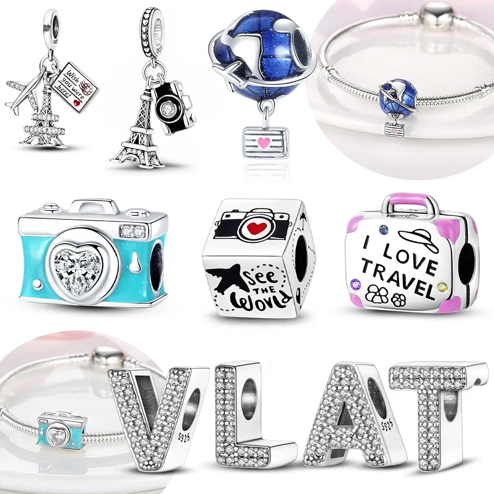 Globe Camera Suitcase Eiffel Tower Dangle Original Charms Silver Plated Beads Fit Bracelets Bag Keychain Charms Diy Women Gift