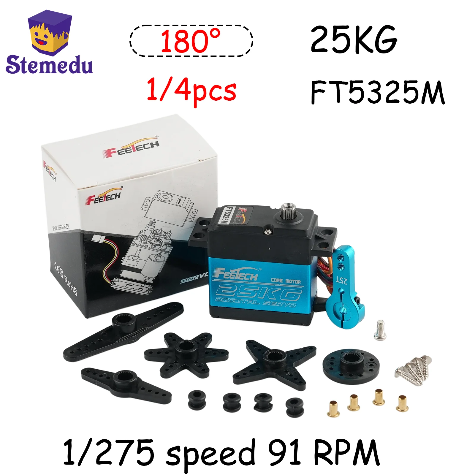 1/4セット Feetech FT5325M 25KG デジタルサーボ 防水メタルギアモーター 1/8 1/10 RCカー ボート ロボット用 91 RPM メタルアーム付き