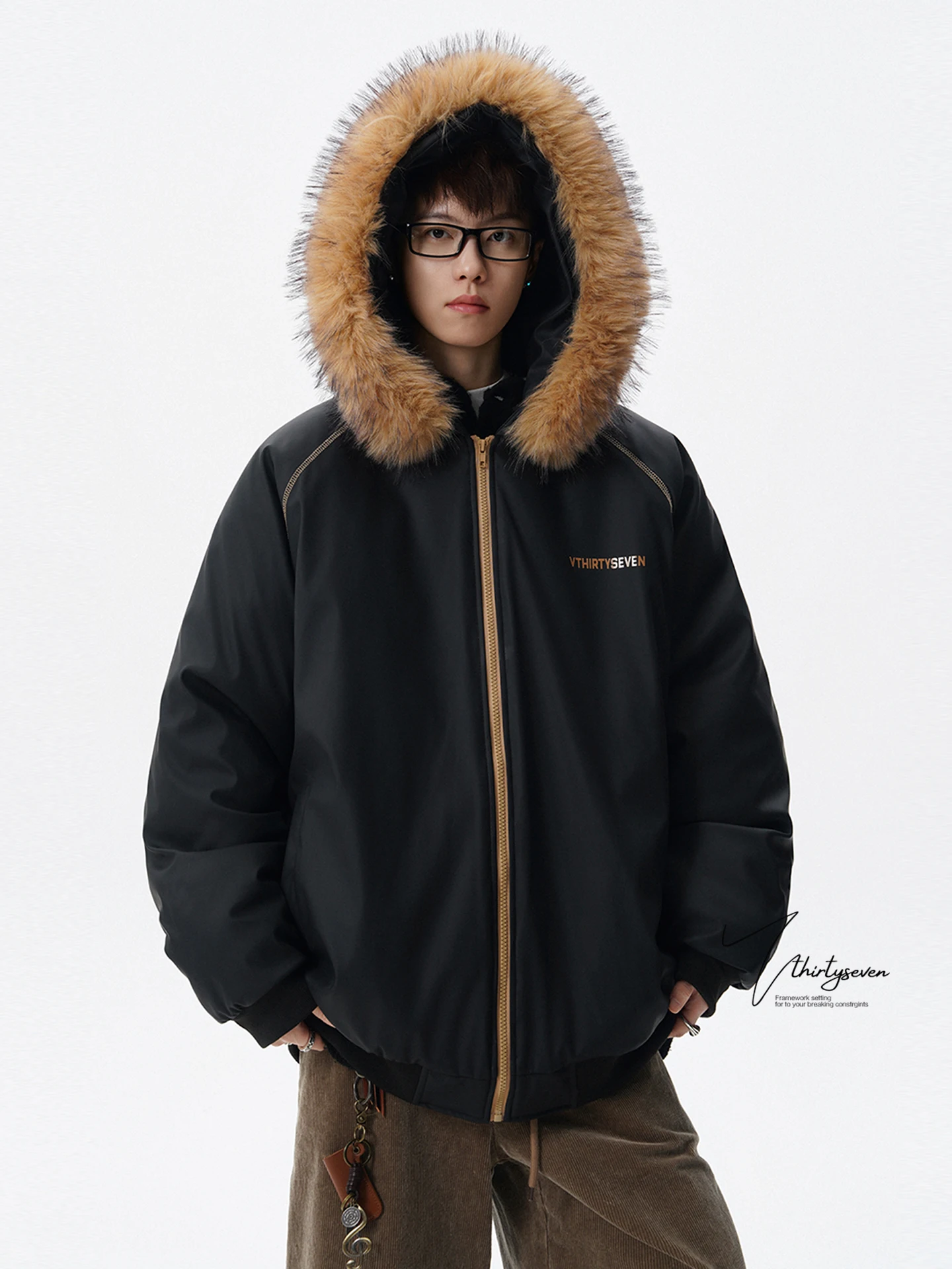 

V37 Men's Winter Cotton Jaet with Fur Collar And PU Leather Splicing Advanced Sensation Hooded Warmth And Sle Trendy Brand