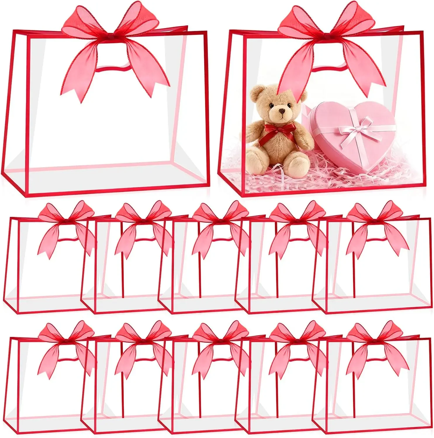 12 Pcs Clear Gift Bags with Handles 12x10x5 Plastic Reusable Party Favor Bags for Christmas Wedding Birthday No Gifts Included
