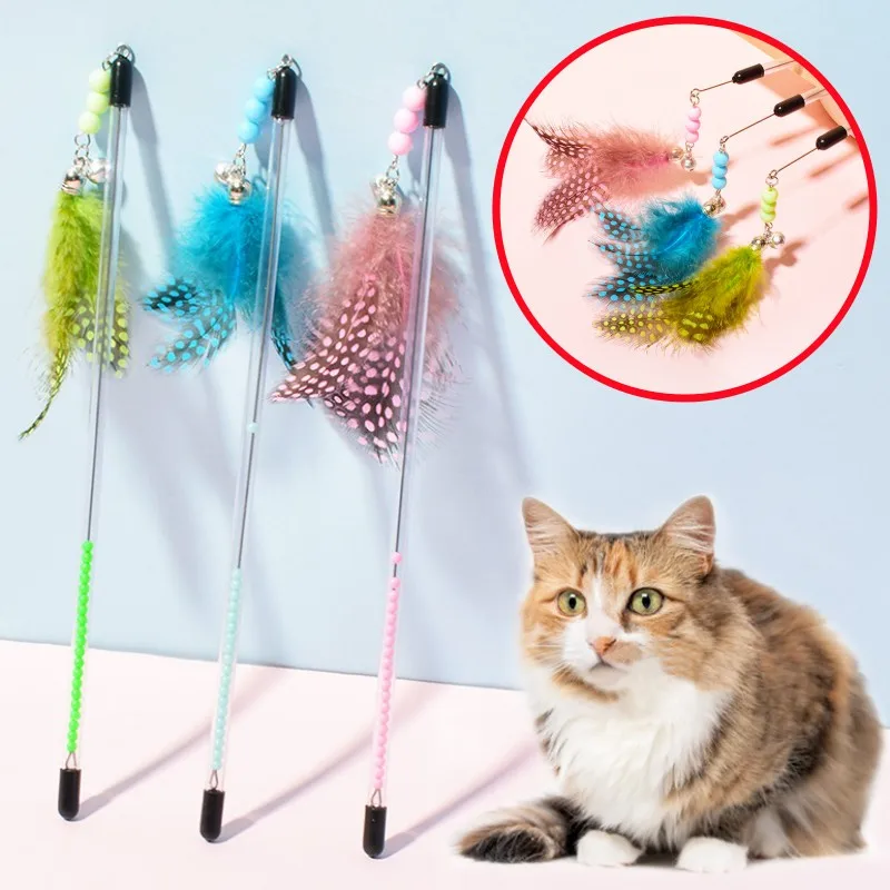 Cat Toys Feather Cats Sticks Retractable Handle Cats Toy Feather Interactive Cat Toys with Bell Kitten Teaser Toy Pet Products