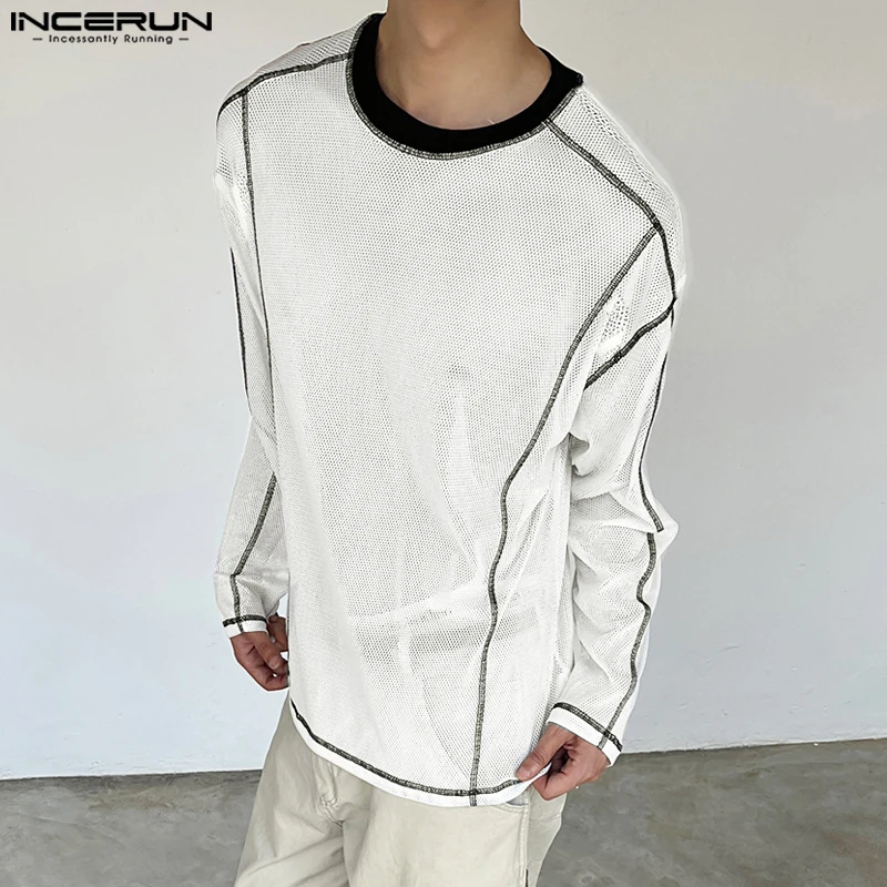 

INCERUN Мужская футболка в стиле пэчворк с вырезом из сетки и круглым вырезом с длинным рукавом Мужская одежда Свободные сексуальные прозрачные уличные модные футболки
