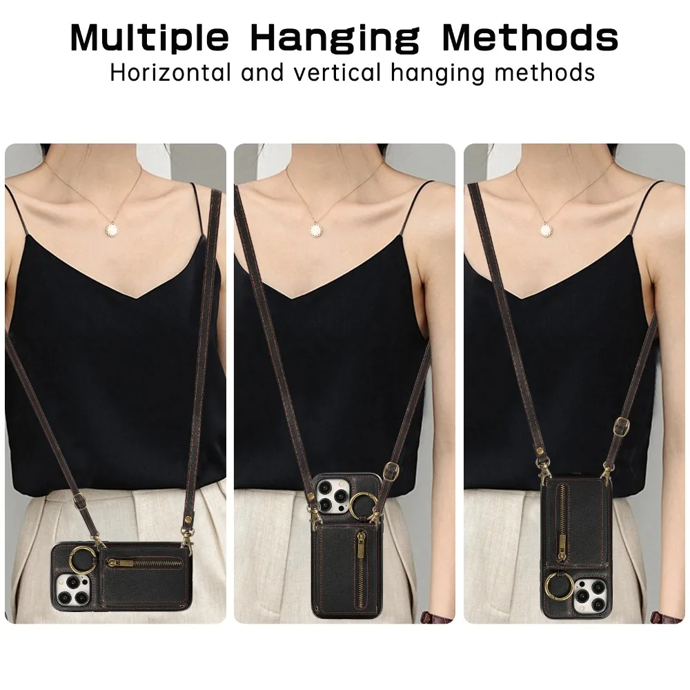 Crossbody Zipper Wallet Ring Phone Case for IPhone 16 15 Pro Max 14 Plus 11 13 12 Mini XS XR 7 8 Leather with Card Holder Cover