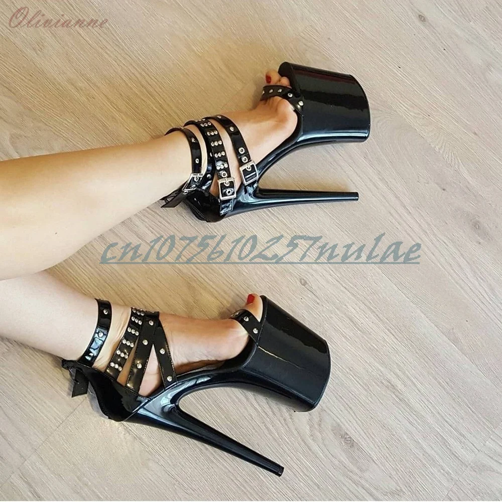 20cm/8inch Dance High Heel Sandals Buckle Belts Sexy Rivets Stiletto High Heel Pole Dance Performance Stage Sexy Women Shoes