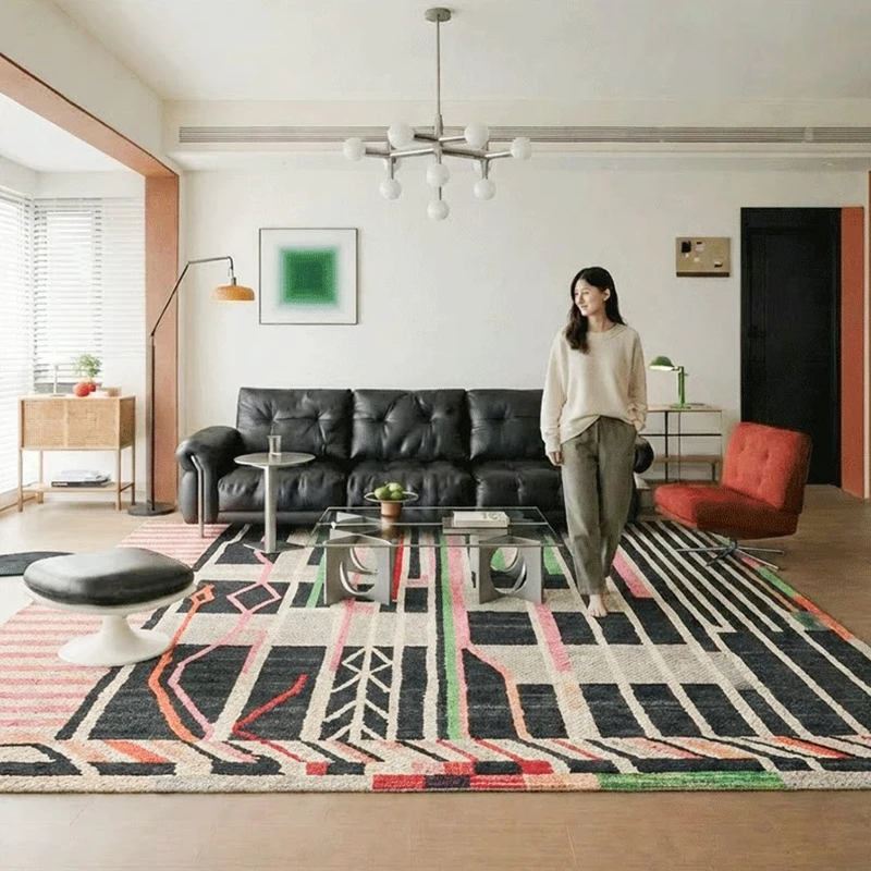 100% Wool Living Room Carpet High-end Vintage Handmade Wool Rug Carpet Vintage Geometric Thick Home Floor Mat Bedside Bedroom