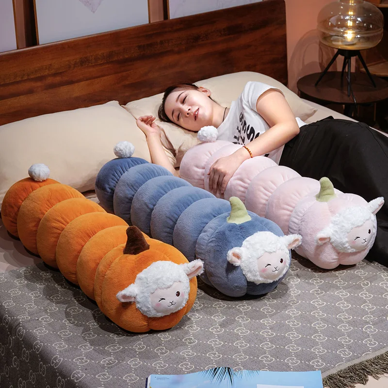 90cm Cute Pumpkin Giant Sheep Plush Toy Long Body Pillow Soft Stuffed Lamb Hugging Cushion Bed Sofa Decor Birthday Gift