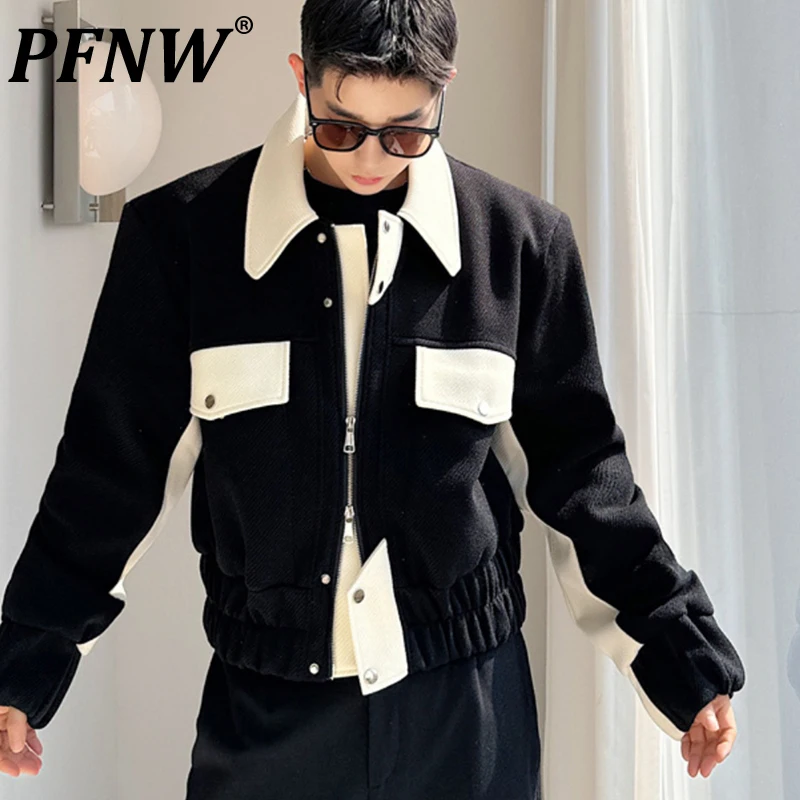 PFNW Autumn Winter Niche Colorblock Spliced Design Oversized Short Woolen Jacket Men's Korean Trendy Casual Thick Coats 28W5389