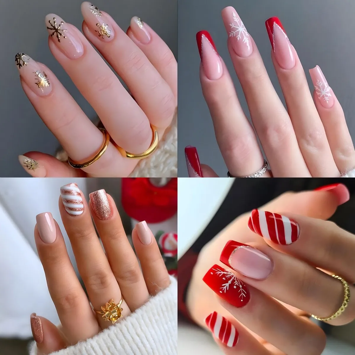 Unhas postiças curtas com design de listra branca do floco de neve, unhas postiças brilhantes, unhas vermelhas do Natal, unhas francesas do brilho, 24pcs