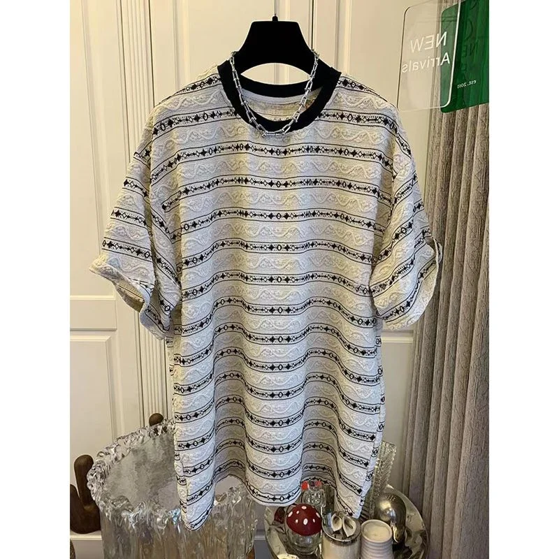 

plus Size Women's Striped T-irt ort Sve Flattering Loose Fit Summer High End Meat Concealing Midi Length Top Trendy