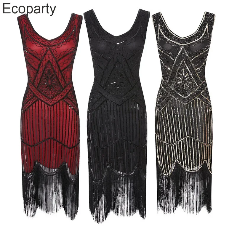 1920s Gatsby Dress 20s Flapper Girl Fancy Retro Sleeveless Sequins Embroidered Tassels Party Dress With Fan Necklace Akcesoria