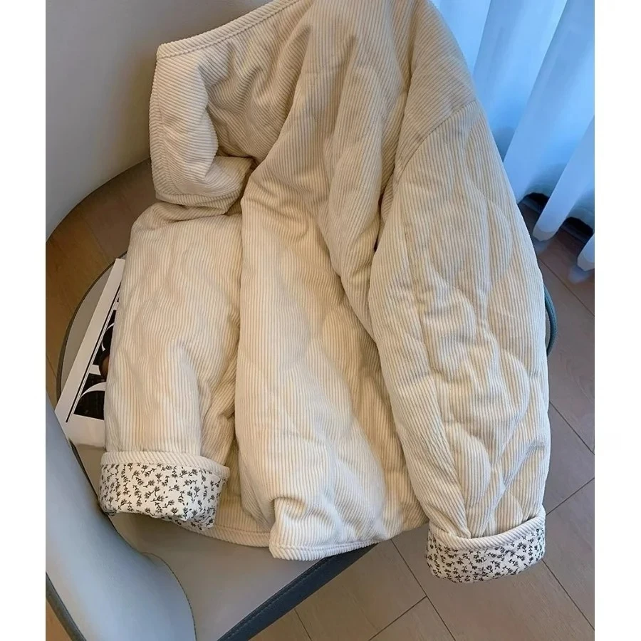 Women's Loose Fit Cotton Jacket Autumn Winter Thickened Patchwork Diamond Pattern Velvet Floral Print Outerwear Coat