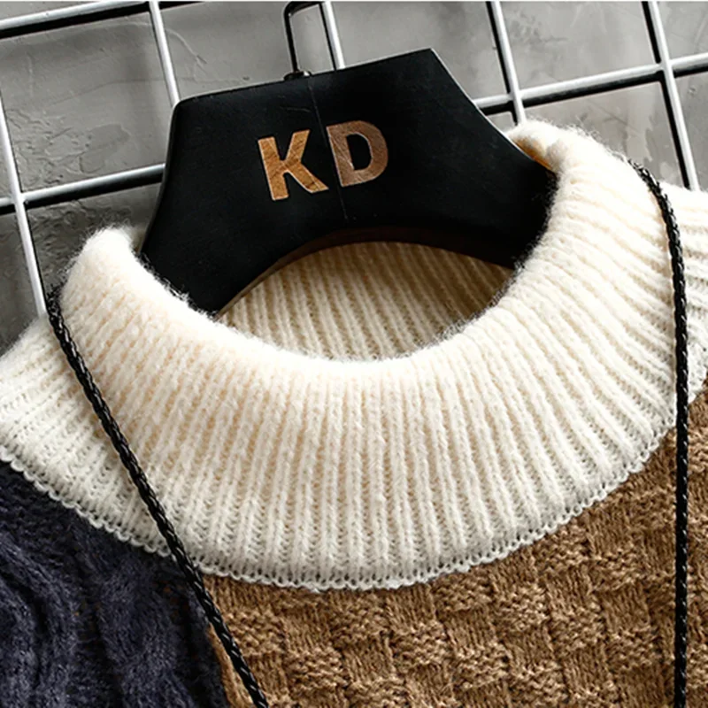 Autumn Winter Men Warm Top Sweater New Casual Patchwork Color Matching Pullover Round Neck Sweater Male Fashion Knitted Clothing