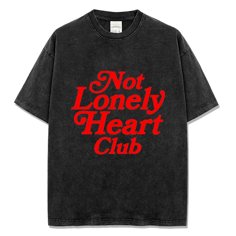 

Summer Men's Casual T-shirt Washed Color Designer Short Sleeve T Shirt Not Lonely Heart Club Print Pure Cotton Male Y2k Tops