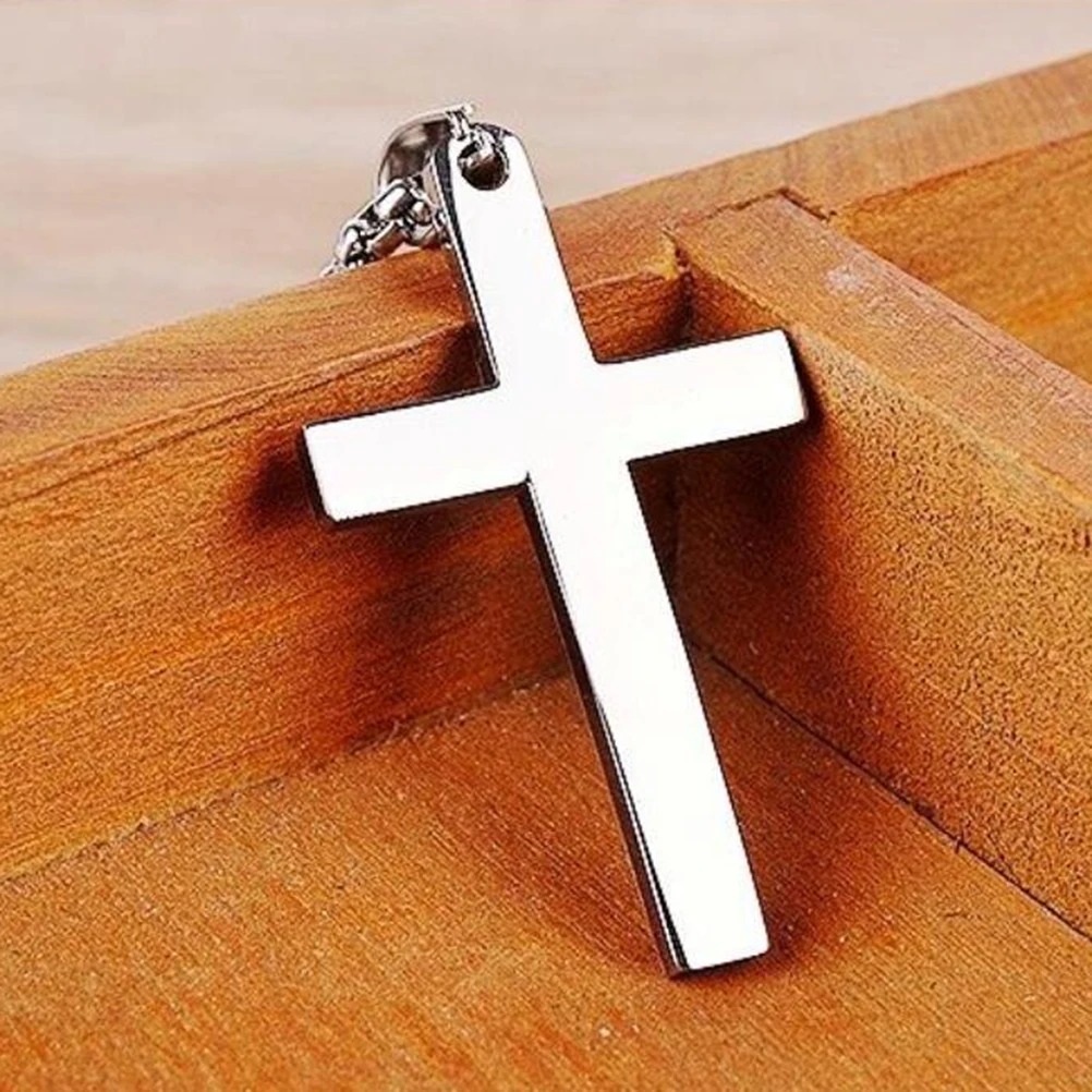 

Cross Decor Necklace Simple Titanium Steel Decor Necklace Pendant Gift for Woman Man Male (Silver, With Chain)