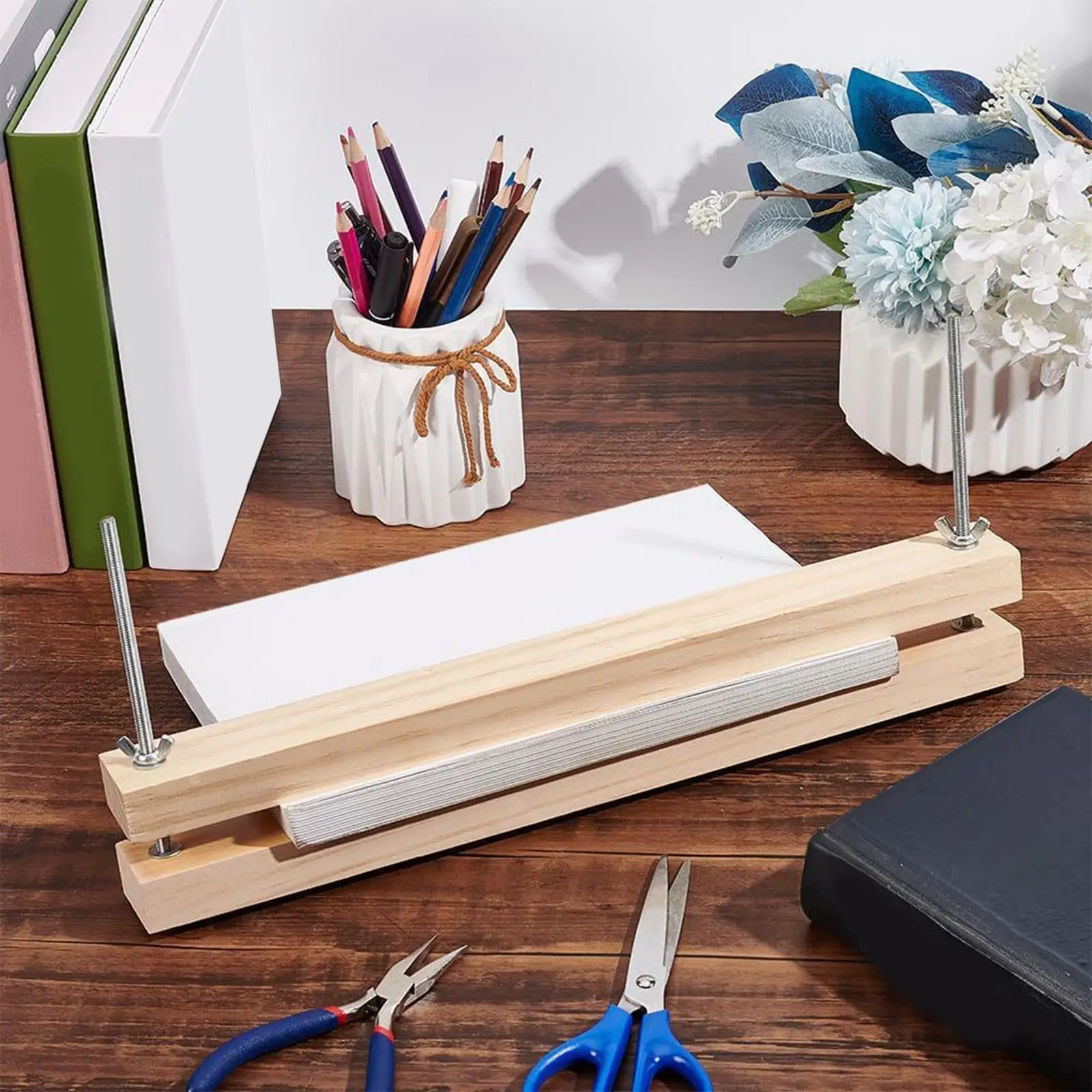 أداة تجليد الكتب الخشبية متعددة الوظائف سهلة التجميع، أداة ضغط الورق لسطح المكتب والمنزل والمكتب DIY وثائق تجليد الكتب