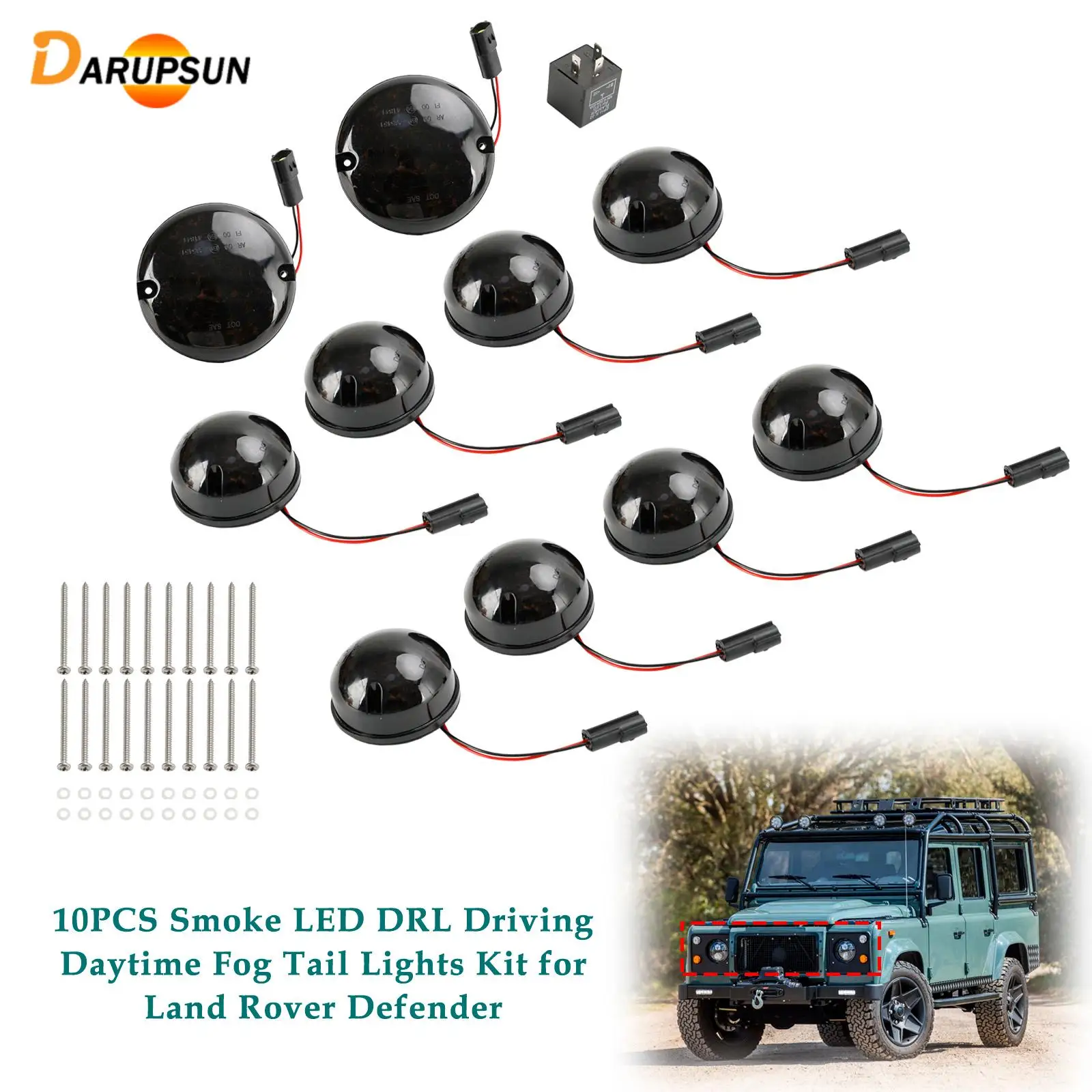 Darupsun 10PCS Smoke LED DRL Driving Daytime Fog Tail Lights Kit for Land Rover Defender