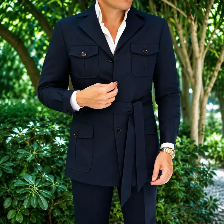 

Safari Men Suits with Belt 2 Pieces Wedding Tuxedo Custom Made Jacket with Pants For Groom Slim Fit Formal Ceremony Outfit Set