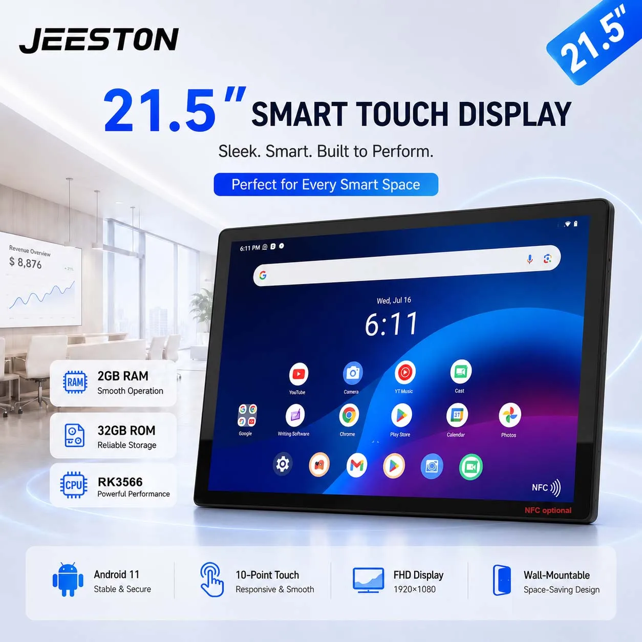 

21.5 Inch Android 11 All-in-One Touch Digital Signage, RK3566 2GB+32GB 1080P FHD, Wall Mount Advertising Display Tablet