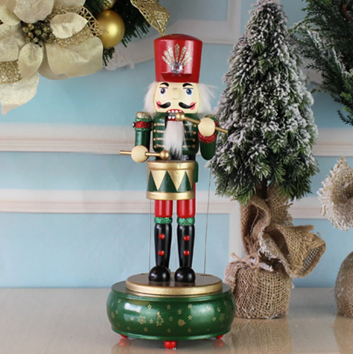 36Cm Christmas Nutcracker Kids Birthday Home Decoration Music Box DIY Wooden Nutcracker Toy Crafts,Green