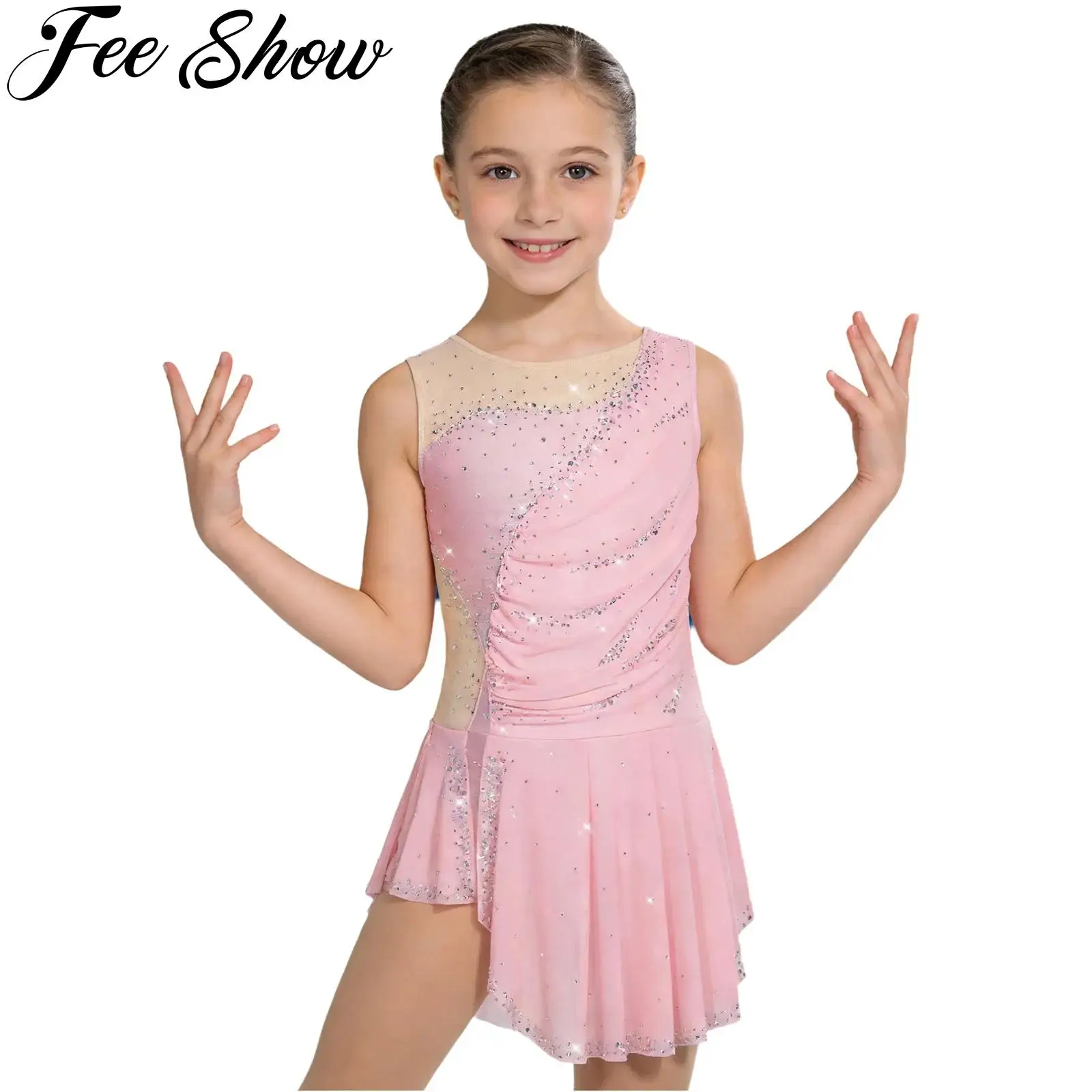 Kids Girls Figure Skating Ballet Dance Dress Sleeveless Shiny Rhinestones Mesh Leotard Rhythmic Gymnastics Acrobatics Costume