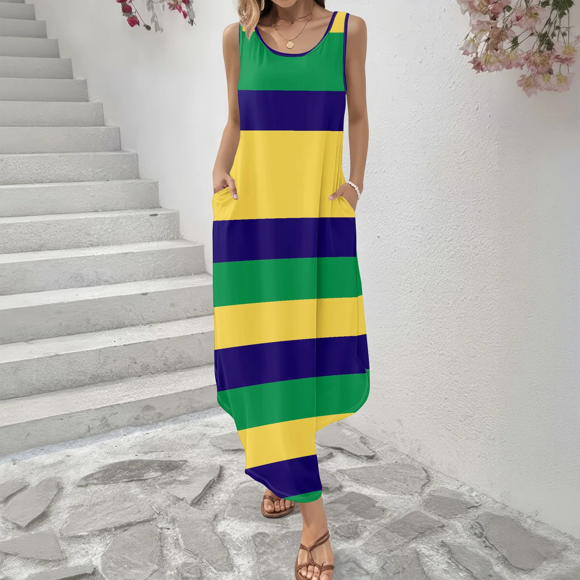 Women's Spring And Summer Sleeveless Long Dress, 3D Fashionable Colorful Striped Printed Dress.