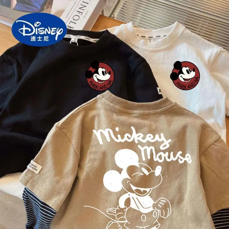 

Disney Kids' Layering Tee - 100% Cotton Long Sleeve with Mickey Print, Fake Two-Piece Style for Boys & Girls