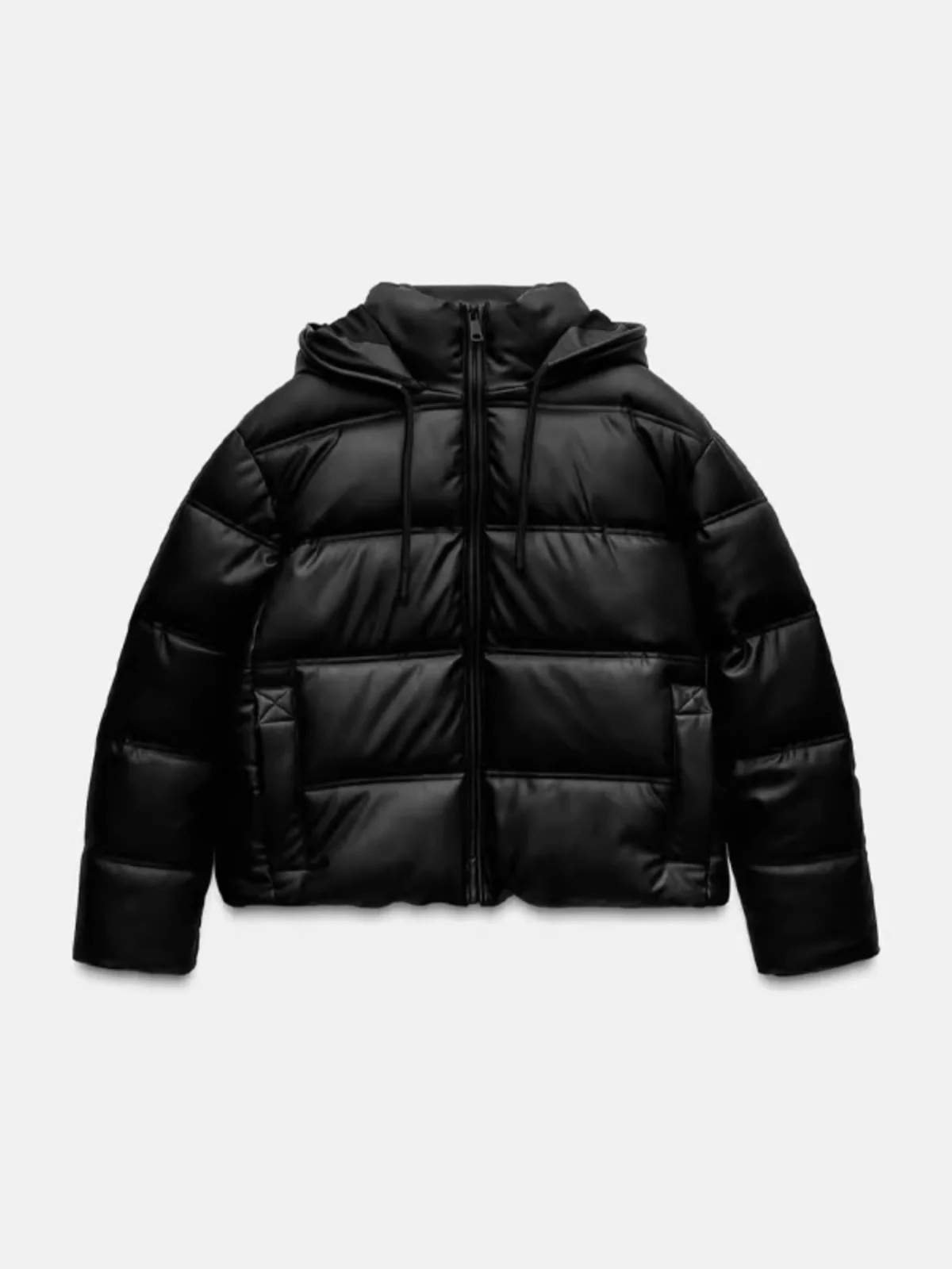 

Winter New Bla Series Faux Leather Hooded Jaet Stand Collar Warm Long Sve Thi Cotton Coat Outerwear 30234