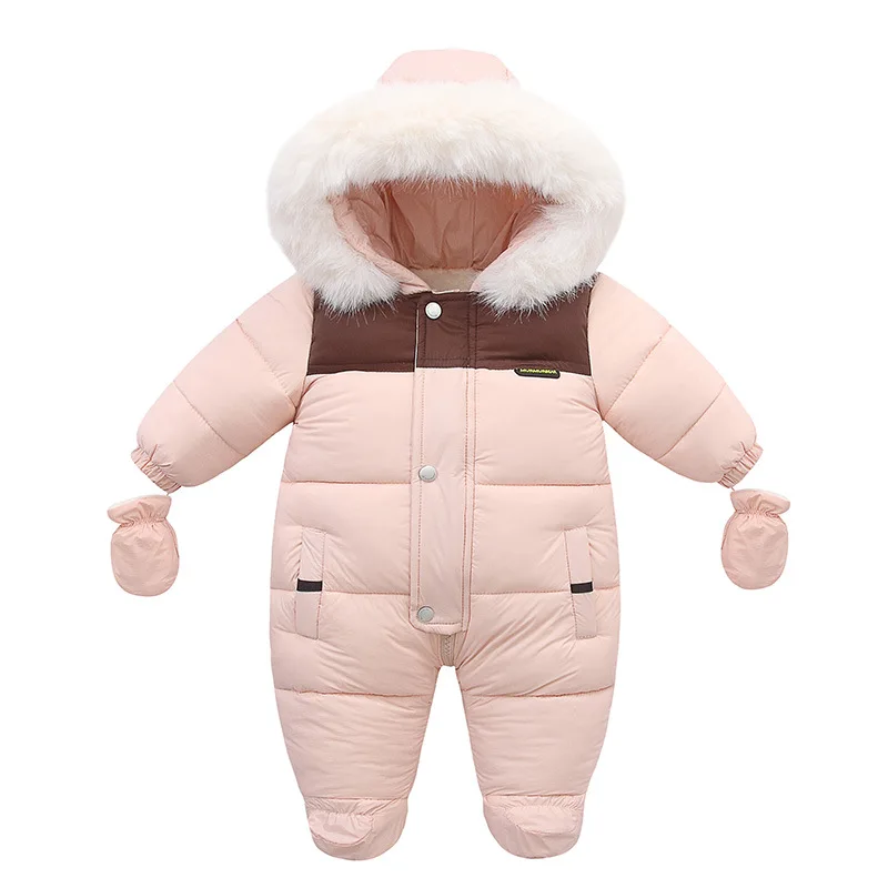 2024 Winter Jumpsuit For Baby Girls Plus Velvet Warm Hooded Newborn Girls Romper 0-2 Years Infant Girl Winter Overalls Snowsuit