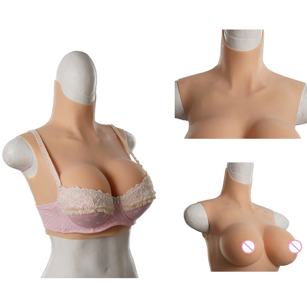 

D Cup Soft Silicone Fake Breast Form Boobs High Collar Short Clothing with Sleeveless for Crossdresser Drag Queen Men