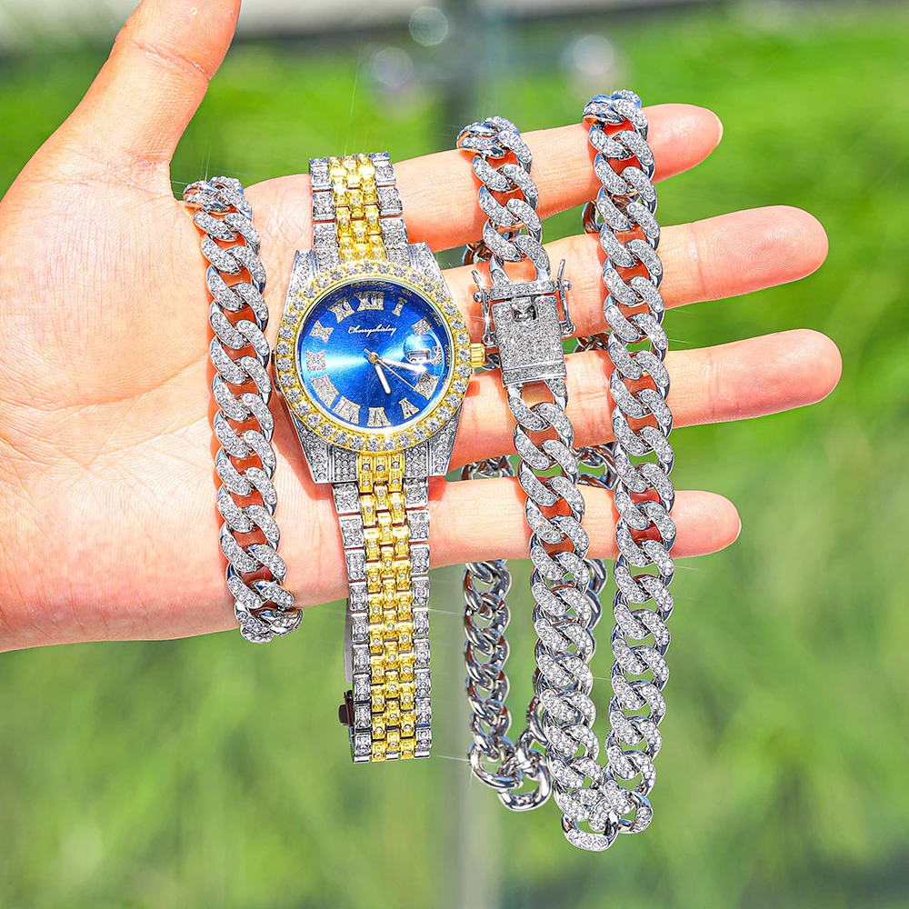 

Hip Hop Full Iced Out Paved Rhinestones Miami Curb Cuban Chain Necklace +Watch+Bracelet Gold CZ Bling Rapper Men Jewelry