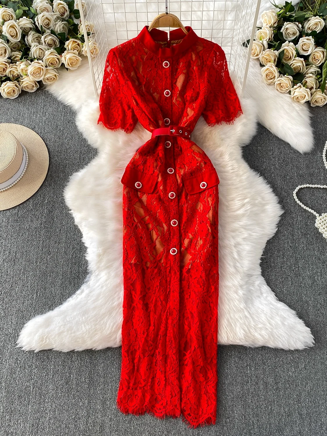 تنورة Ele Lace بقصة ضيقة طويلة Dr للسيدات للخريف بخصر عالٍ وأزرار وياقة واقفة فاخرة تنورة على شكل حرف a من Sle ort Sve