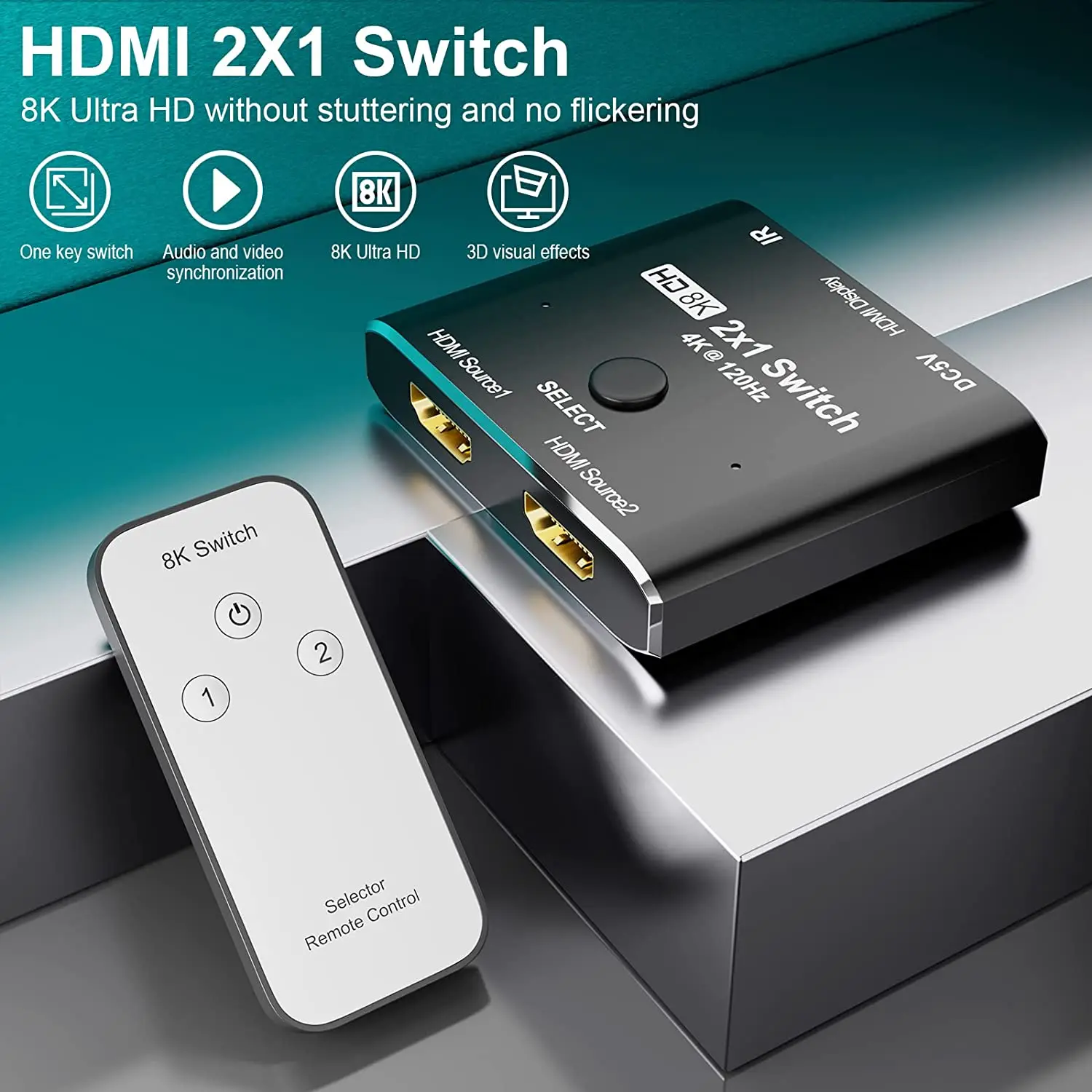 CABLEDECONN HDMI 2.1 8K Switch with Remote Control Directional 2in 1out 8K@60Hz 4K@120Hz Converter High Speed 48Gbps