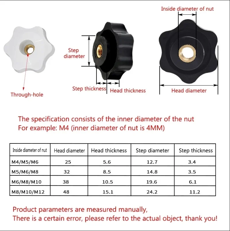 M4-M12 Black White Plum Shaped Star Thumb Nut Hand Twist Clamping Knob Handle Mechanical Manual Tightening Nut