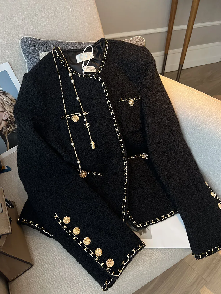 2024 Popular Beautiful Chic Short Fragrance Black Woven Gold-Rimmed Round Neck Suit Jacket Women\'s Winter Autumn Blazers