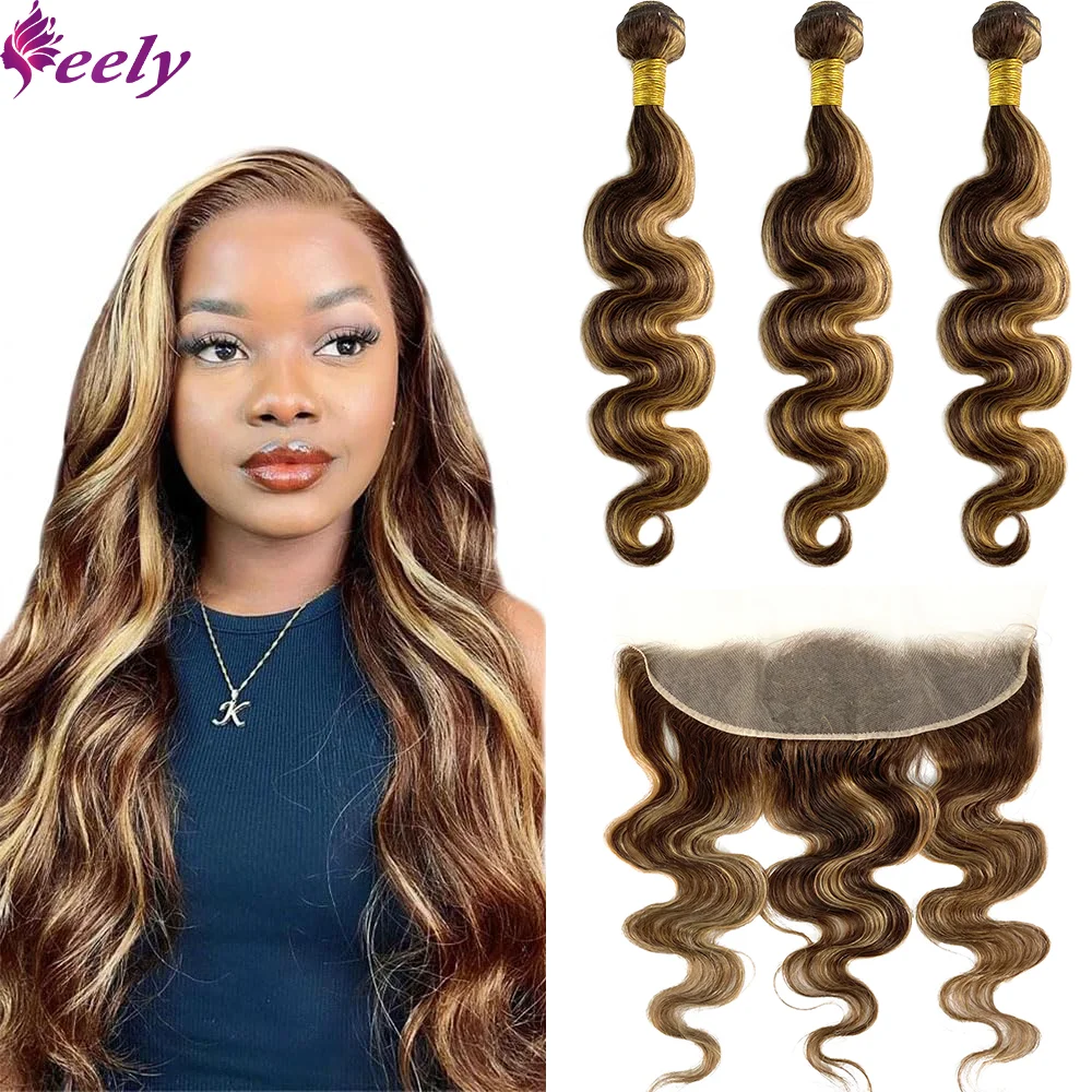 Ombre Human Hair Bundles With Closure Brazilian Body Wave Bundles With Frontal 13x4 Lace P4-27 Honey Blonde Highlight For Women