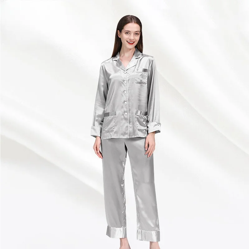 New Elegant Pure Silk Pajamas Sets Fashion Casual Women Lady Satin Pajamas Set Mulberry Silk Pyjama Sleepwear Nightwear Homewear