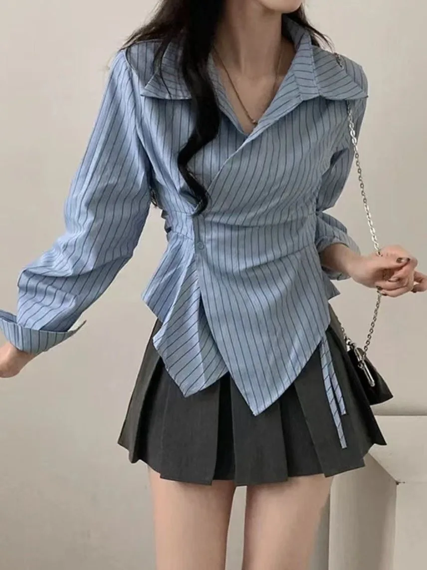 Korean Design Irregular Waist-Cinching Autumn Striped College Style Long Sleeve Slimming Top Women's Business Casual Shirt