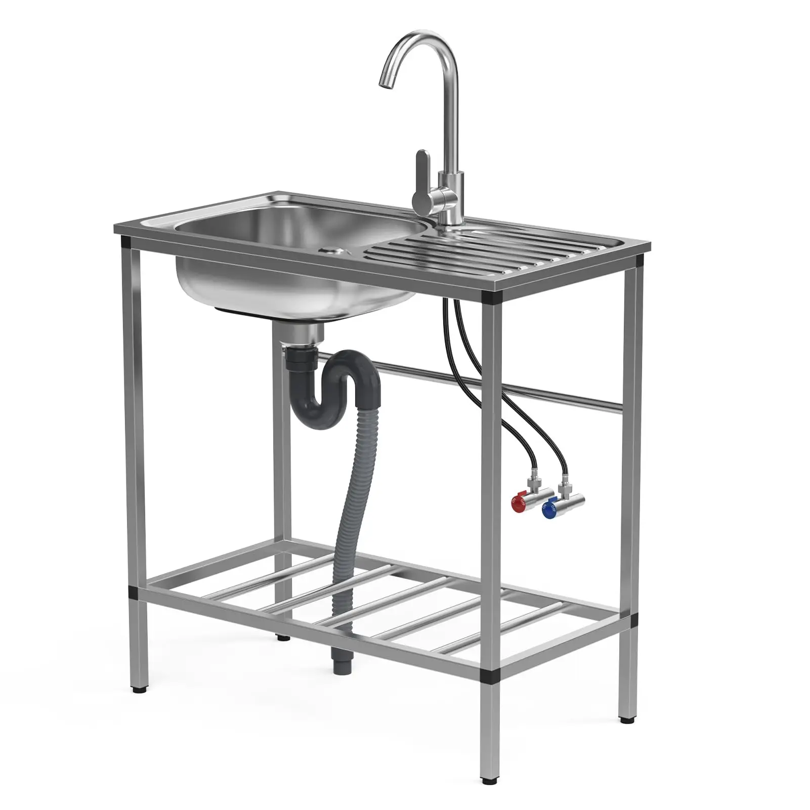 Stainless Steel Utility Sink Set, Freestanding Single Bowl Kitchen Sink, Outdoor Sink Station with Hose Hook Up