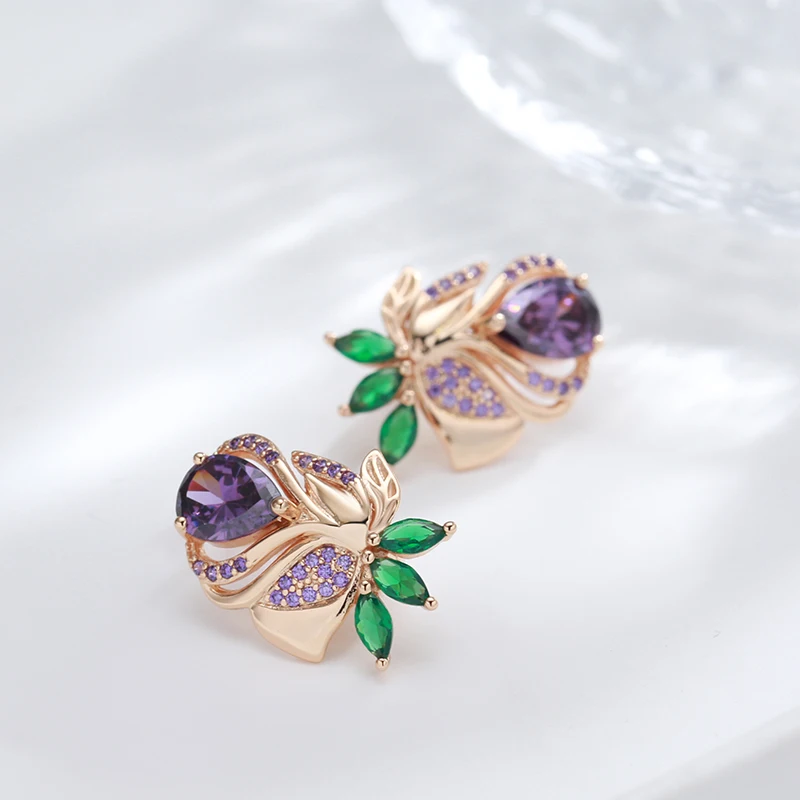 Kienl Vintage Purple Natural Zircon Flower Drop Earring High Quality Fine Daily Jewelry Women 585 Rose Gold Color Big Earring