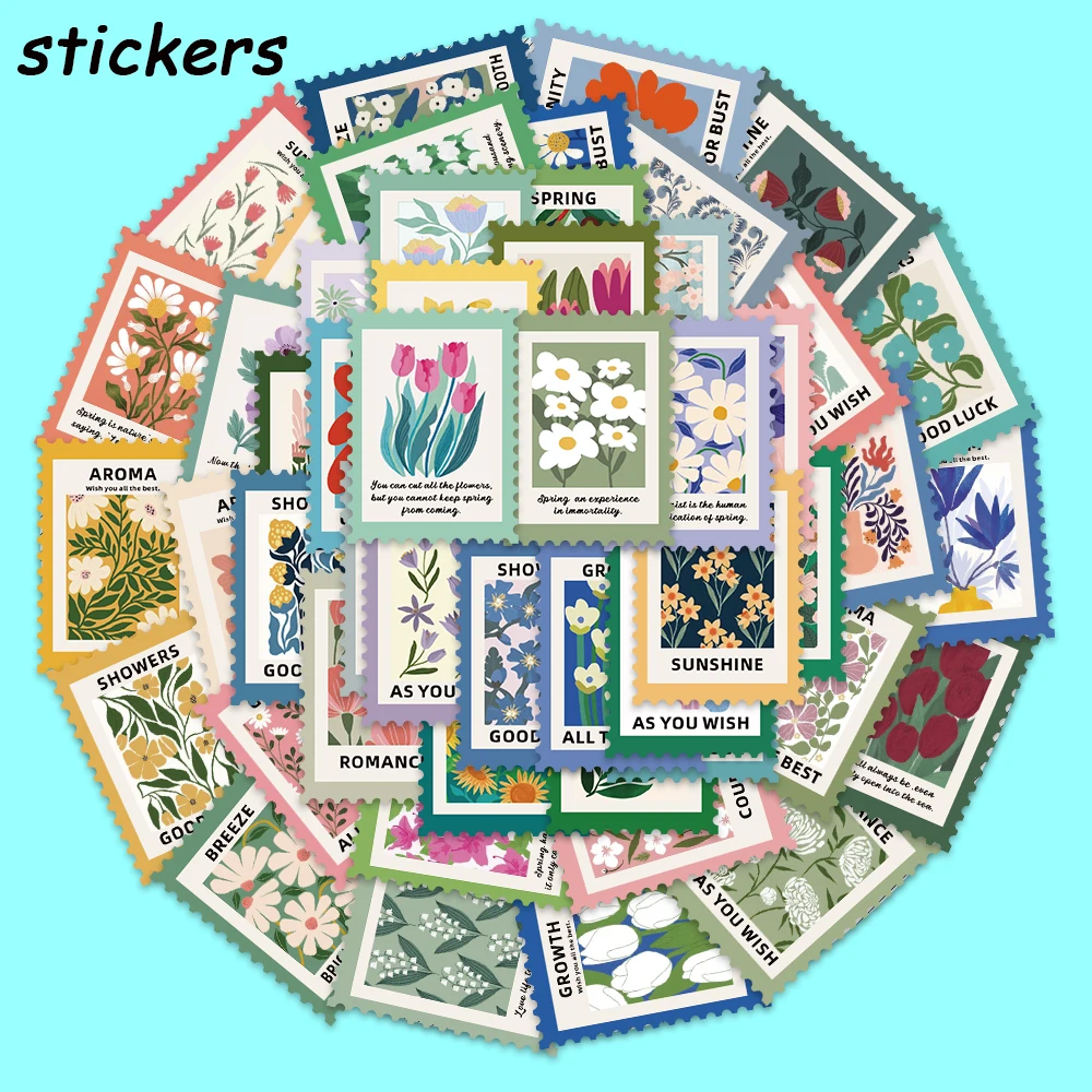 50PCS Flower Stamps Stickers INS Style Plant Graffiti Decals For Laptop Luggage Phone Case Fridge Skateboard Waterproof Stickers