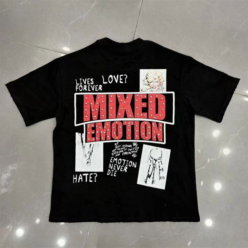New MIXED-EMOTION Rhinestone Printed Pattern 100% Cotton Men Women T-Shirt Loose Casual Shinning Diamond Tees Top