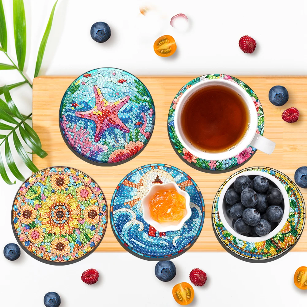 

6Pcs/Set DIY Diamond Painting Coasters Kits Wooden DIY Diamond Art Coaster Set for Beginners Adults Art Craft Supplies