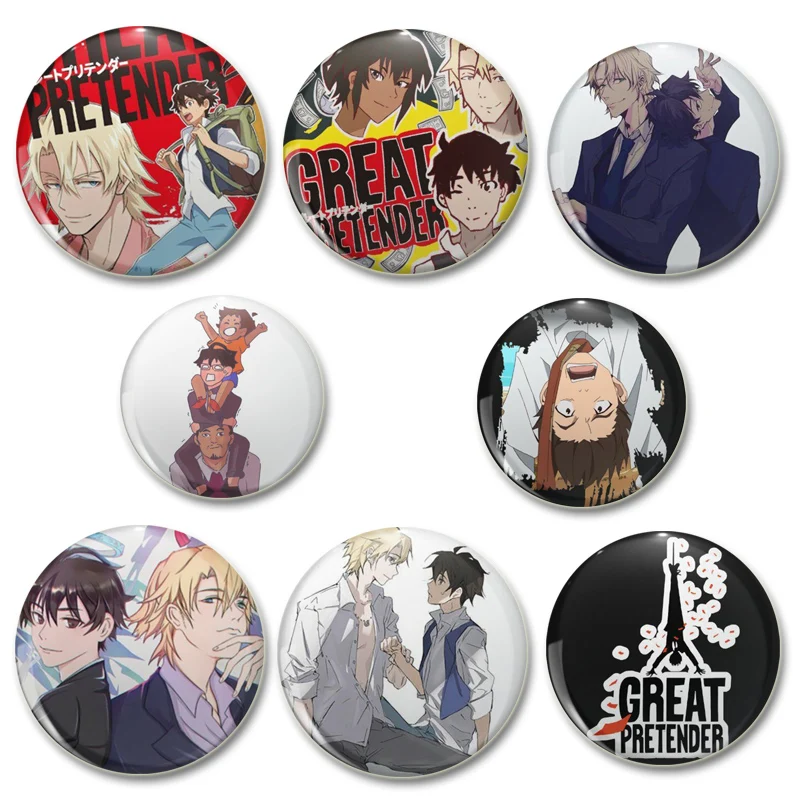 Great Pretender Pin Round Cartoon Funny Snap-in Brooches for Backpack Cothes Accessories Anime Collection Badge Hat Decoration